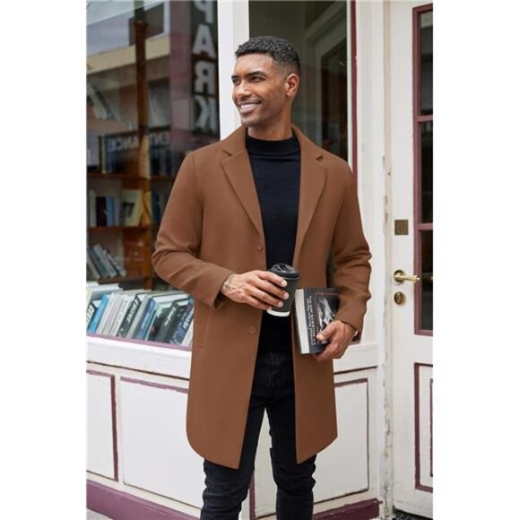Mens Wool Blend Coat Winter Trench Coats Camel - Picture 3 of 6